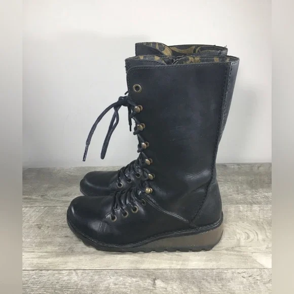 Fly London Ster Military Black Leather Combat Women's Lace Up Boots Size 8-8.5 - Picture 6 of 12
